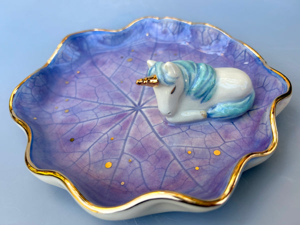 Large Unicorn on Nasturtium Leaf Jewelry Holder,  Ceramic Dish with Gold Accents - Vuvu Ceramics