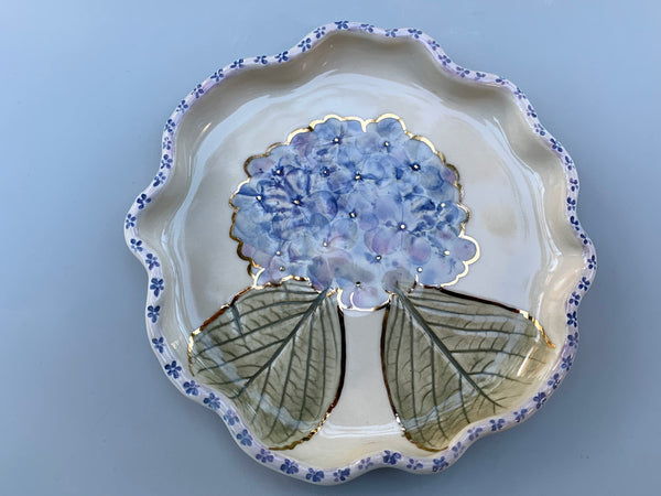 Large Blue Hydrangea Jewelry Holder, Ceramic Dish with Flower Imprint