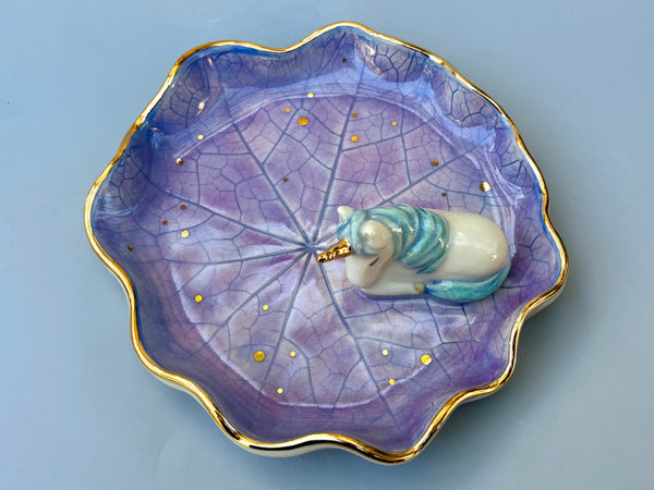 Large Unicorn on Nasturtium Leaf Jewelry Holder,  Ceramic Dish with Gold Accents - Vuvu Ceramics