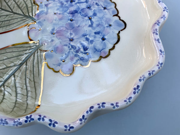 Large Blue Hydrangea Jewelry Holder, Ceramic Dish with Flower Imprint