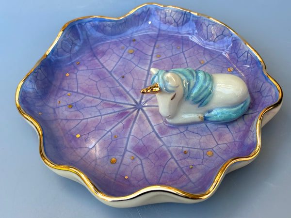 Large Unicorn on Nasturtium Leaf Jewelry Holder,  Ceramic Dish with Gold Accents - Vuvu Ceramics