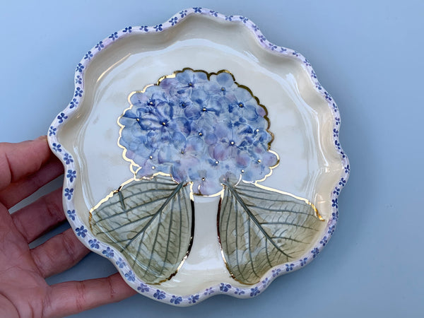 Large Blue Hydrangea Jewelry Holder, Ceramic Dish with Flower Imprint