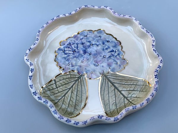 Large Blue Hydrangea Jewelry Holder, Ceramic Dish with Flower Imprint