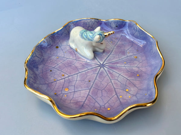 Large Unicorn on Nasturtium Leaf Jewelry Holder,  Ceramic Dish with Gold Accents - Vuvu Ceramics