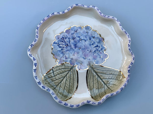 Large Blue Hydrangea Jewelry Holder, Ceramic Dish with Flower Imprint