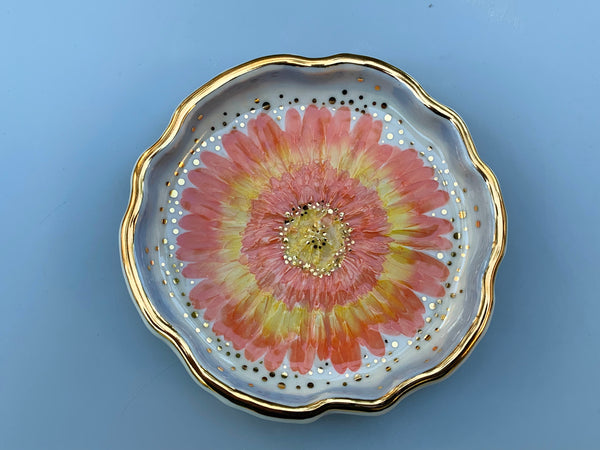 Sunburst Gerbera Daisy Jewelry Dish, Ceramic with Gold Accents