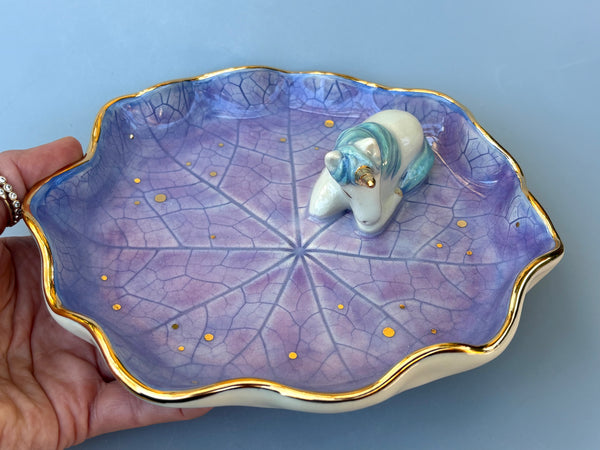 Large Unicorn on Nasturtium Leaf Jewelry Holder,  Ceramic Dish with Gold Accents - Vuvu Ceramics