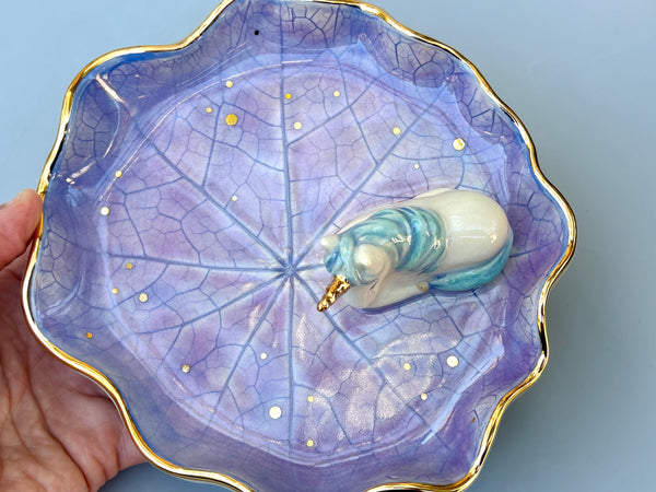 Large Unicorn on Nasturtium Leaf Jewelry Holder,  Ceramic Dish with Gold Accents - Vuvu Ceramics