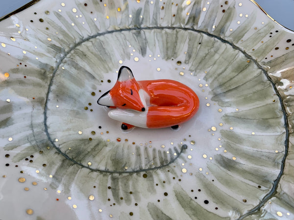 Large Sleeping Fox Jewelry Holder, Ceramic Fern Leaf Trinket Dish with Gold Accent