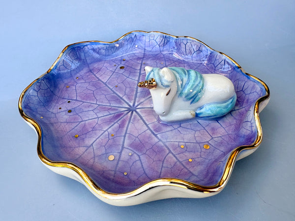 Large Unicorn on Nasturtium Leaf Jewelry Holder,  Ceramic Dish with Gold Accents - Vuvu Ceramics