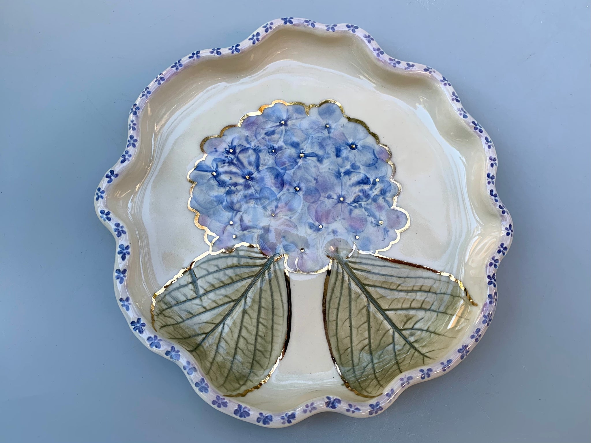 Large Blue Hydrangea Jewelry Holder, Ceramic Dish with Flower Imprint