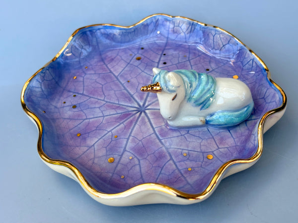 Large Unicorn on Nasturtium Leaf Jewelry Holder,  Ceramic Dish with Gold Accents - Vuvu Ceramics