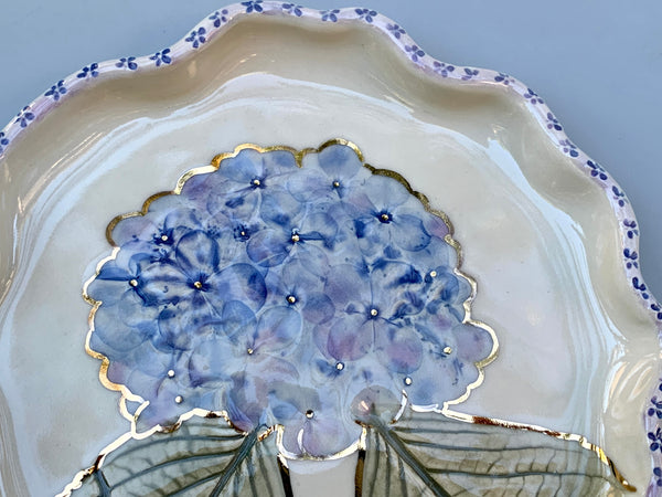 Large Blue Hydrangea Jewelry Holder, Ceramic Dish with Flower Imprint