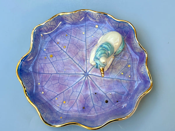 Large Unicorn on Nasturtium Leaf Jewelry Holder,  Ceramic Dish with Gold Accents - Vuvu Ceramics