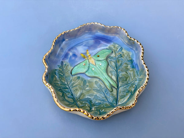 Luna Moth in the Night Sky, Ceramic Dish with Gold Accents - Vuvu Ceramics