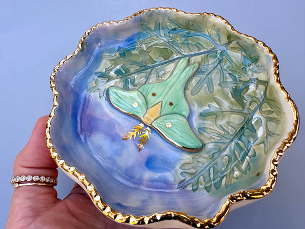 Luna Moth in the Night Sky, Ceramic Dish with Gold Accents - Vuvu Ceramics