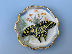 Swallowtail Butterfly Jewelry Dish with Fennel Flower and Gold Accent