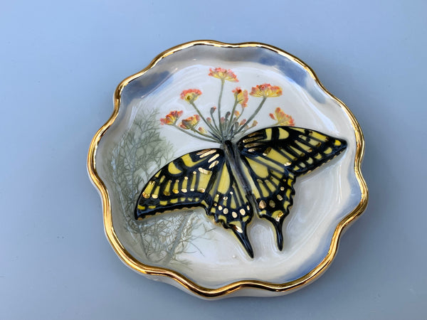 Swallowtail Butterfly Jewelry Dish with Fennel Flower and Gold Accent