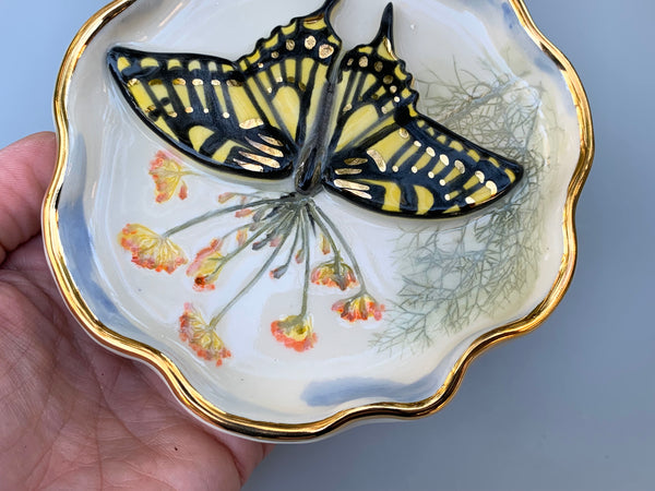 Swallowtail Butterfly Jewelry Dish with Fennel Flower and Gold Accent
