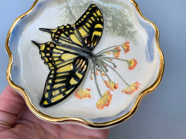 Swallowtail Butterfly Jewelry Dish with Fennel Flower and Gold Accent