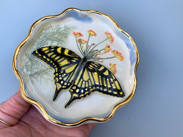 Swallowtail Butterfly Jewelry Dish with Fennel Flower and Gold Accent