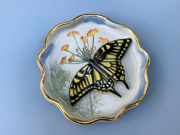 Swallowtail Butterfly Jewelry Dish with Fennel Flower and Gold Accent
