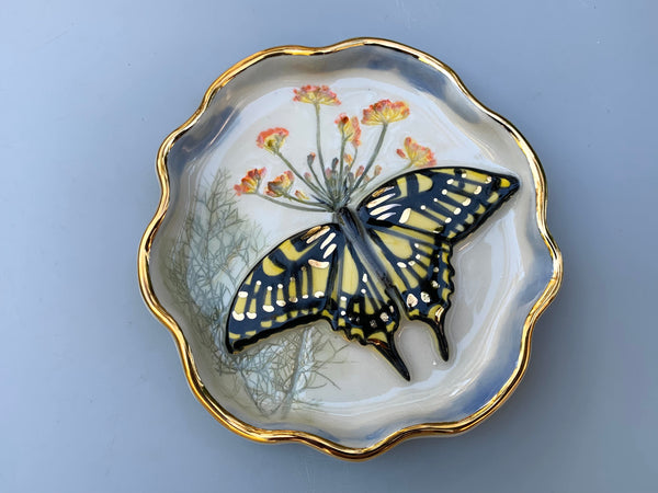 Swallowtail Butterfly Jewelry Dish with Fennel Flower and Gold Accent