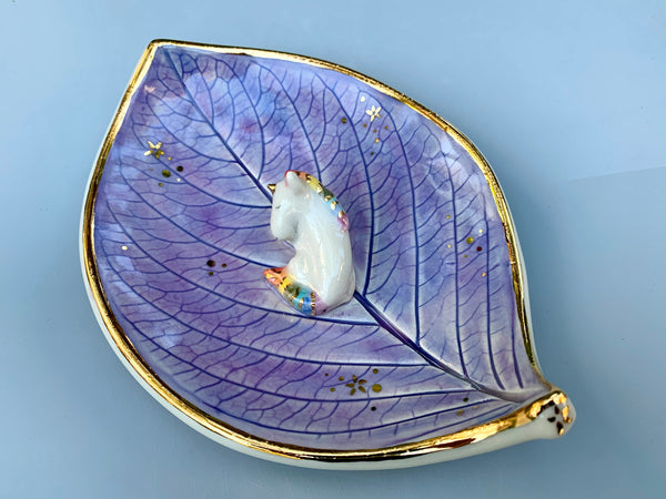 Large Unicorn Jewelry Holder, Ceramic Leaf Trinket Dish with Gold Accent