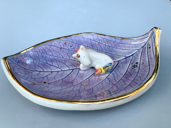 Large Unicorn Jewelry Holder, Ceramic Leaf Trinket Dish with Gold Accent