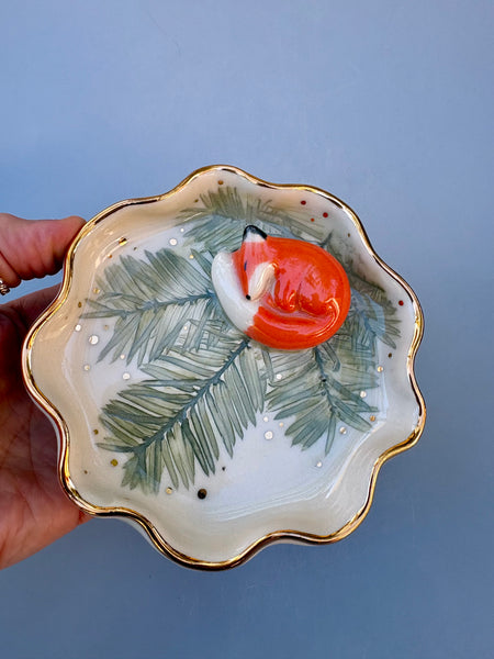 Sleeping Fox on Evergreen Jewelry Holder, Ceramic Dish with Gold Accents - Vuvu Ceramics