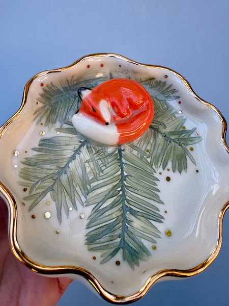Sleeping Fox on Evergreen Jewelry Holder, Ceramic Dish with Gold Accents - Vuvu Ceramics