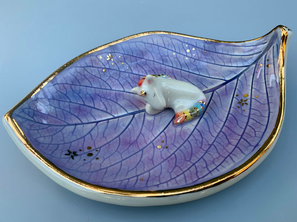 Large Unicorn Jewelry Holder, Ceramic Leaf Trinket Dish with Gold Accent