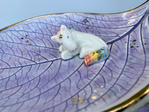 Large Unicorn Jewelry Holder, Ceramic Leaf Trinket Dish with Gold Accent