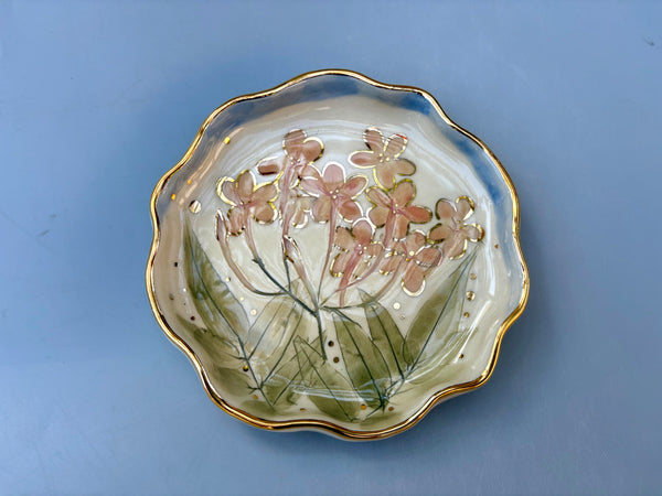 Pink Jasmine Flower Jewelry Holder, Ceramic Dish with Gold Accents - Vuvu Ceramics