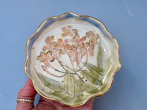 Pink Jasmine Flower Jewelry Holder, Ceramic Dish with Gold Accents - Vuvu Ceramics
