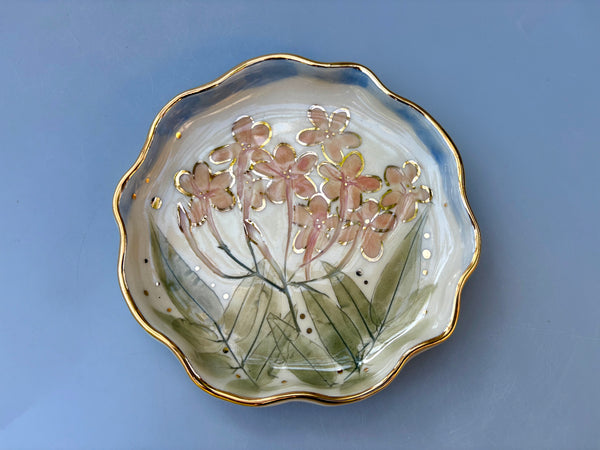 Pink Jasmine Flower Jewelry Holder, Ceramic Dish with Gold Accents - Vuvu Ceramics