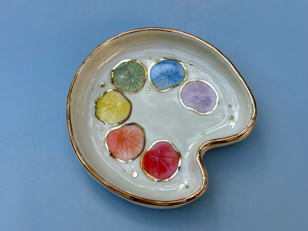 Paint Palette Jewelry Holder, Ceramic Dish with Gold Accents - Vuvu Ceramics