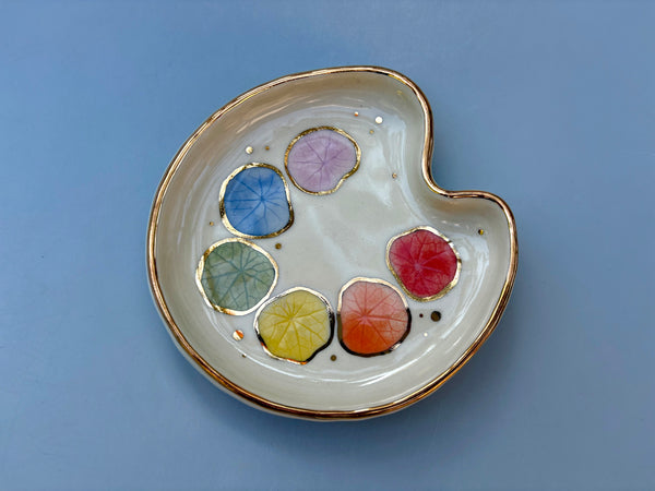 Paint Palette Jewelry Holder, Ceramic Dish with Gold Accents - Vuvu Ceramics