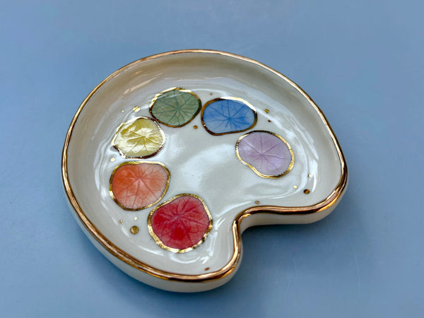 Paint Palette Jewelry Holder, Ceramic Dish with Gold Accents - Vuvu Ceramics