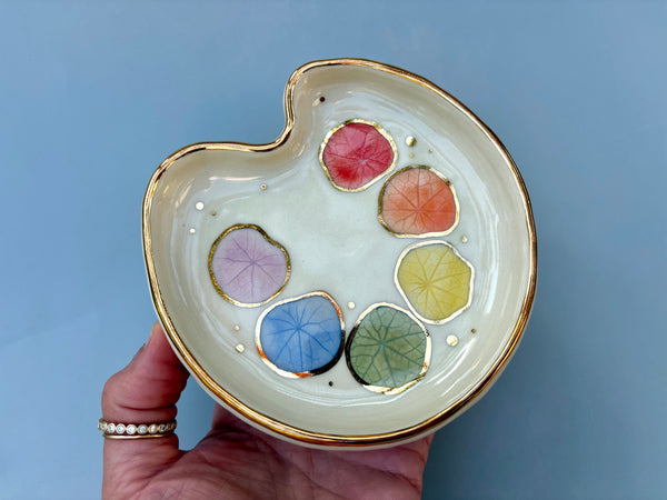 Paint Palette Jewelry Holder, Ceramic Dish with Gold Accents - Vuvu Ceramics