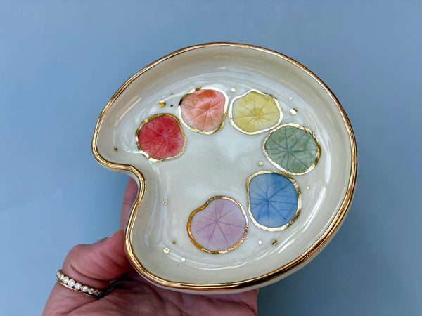 Paint Palette Jewelry Holder, Ceramic Dish with Gold Accents - Vuvu Ceramics