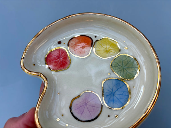 Paint Palette Jewelry Holder, Ceramic Dish with Gold Accents - Vuvu Ceramics