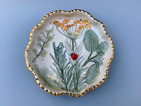 Ladybug with Herb Garden Jewelry Dish, Ceramic with Gold Accent - Vuvu Ceramics
