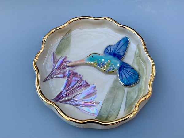 Hummingbird with Agapanthus Flower, Ceramic Jewelry Dish