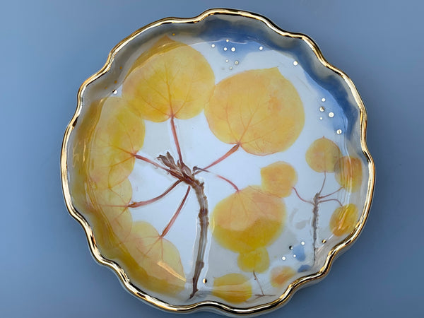 Large Golden Aspen Ceramic Jewelry Dish, Colorful Fall Leaves with Gold Accent
