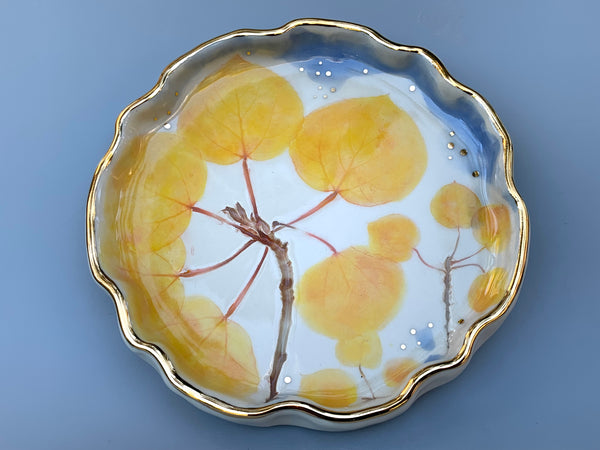 Large Golden Aspen Ceramic Jewelry Dish, Colorful Fall Leaves with Gold Accent
