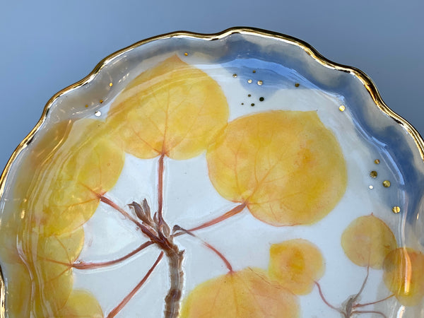 Large Golden Aspen Ceramic Jewelry Dish, Colorful Fall Leaves with Gold Accent