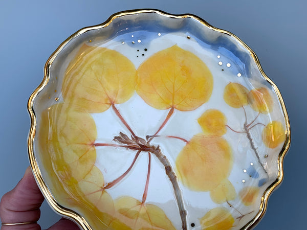 Large Golden Aspen Ceramic Jewelry Dish, Colorful Fall Leaves with Gold Accent