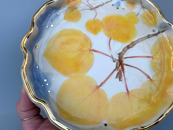 Large Golden Aspen Ceramic Jewelry Dish, Colorful Fall Leaves with Gold Accent