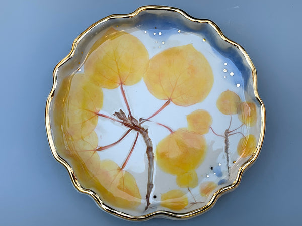 Large Golden Aspen Ceramic Jewelry Dish, Colorful Fall Leaves with Gold Accent